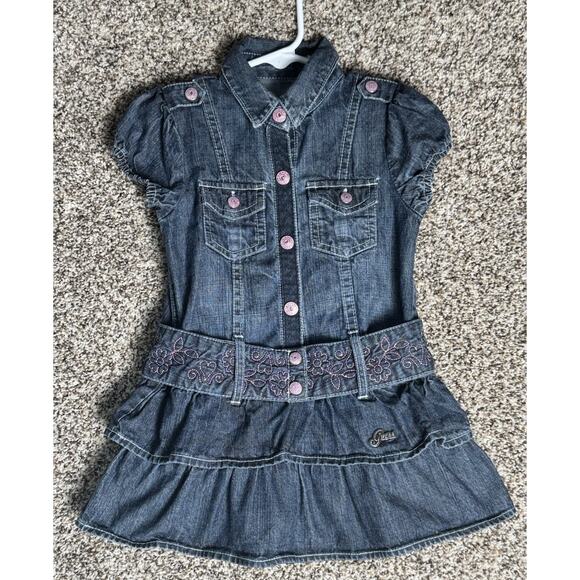 Y2K Baby Guess Denim Dress Girls Sz 24M Tiered Ruffle Puff Sleeve Belt Western - Picture 1 of 8